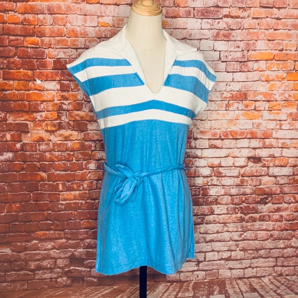 Vintage Jane Colby 70'S Terrycloth Blue and White Belted Tennis Dress